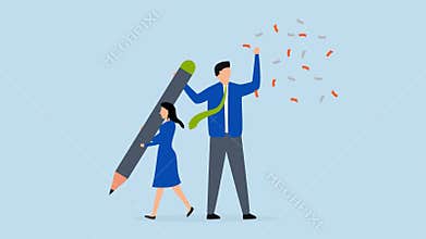 4k animation of young pity woman working hard holding big pencil with bigger businessman liar get reward from her work.