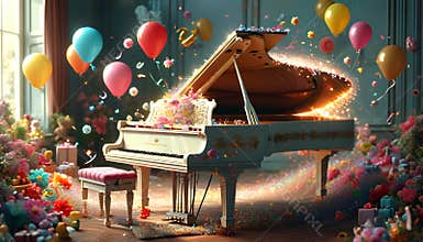 A grand piano sits in a brightly lit room, adorned with colorful balloons, confetti, and flowers.Generative AI