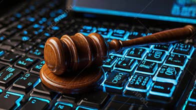 Judge gavel resting on laptop keyboard symbolizing cyber law