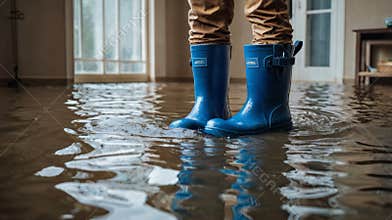 Man wearing rubber boots standing in flooded house