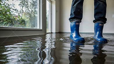 Man wearing blue boots wading through flooded home damage after storm