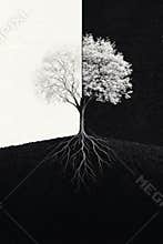 A solitary tree with an intricate root system on a contrasting background at sunset