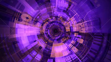 Seamless looped digital hologram tunnel with orange and purple patterns of spaceship interior