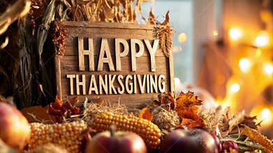 Festive display celebrating Thanksgiving with autumn leaves, apples, and warm wooden sign in the holiday season