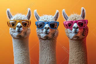 Three llamas wearing sunglasses and glasses