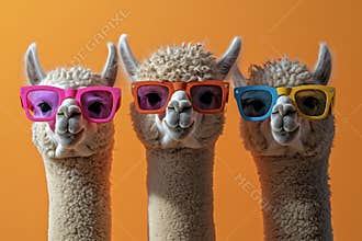 Three llamas wearing sunglasses and glasses