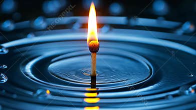 burning matchstick on water with ripples, metaphor for resilience and balance