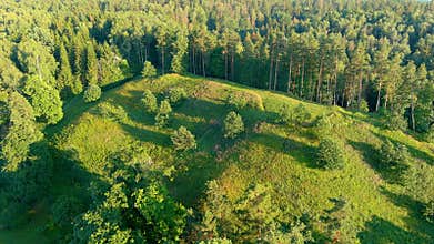 Scenic aerial view of Stirniai mound. Neris Regional Park, Vilnius, Lithuania.