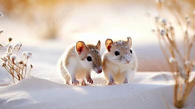 Two cute mice standing on snow covered ground