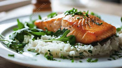 Grilled salmon fillet with fresh greens on white rice, healthy meal, delicious fish, food photography, balanced diet
