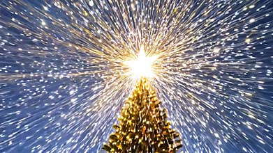 Christmas tree with lights creating a sparkling festive background, perfect for holiday greetings or winter celebrations