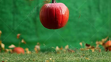 Pumpkin falling on green screen background for easy cropping