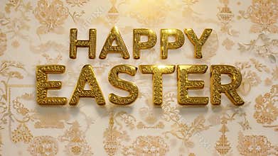 Shimmering gold happy easter lettering on lavish floral background, perfect for holiday greeting cards. Intricate design