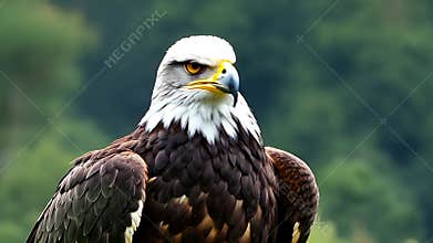 Majestic bald eagle is pictured here with an intense gaze, its white head and brown feathers are prominent in the image
