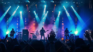 A lively band plays on stage as colorful lights illuminate the night while fans cheer and enjoy