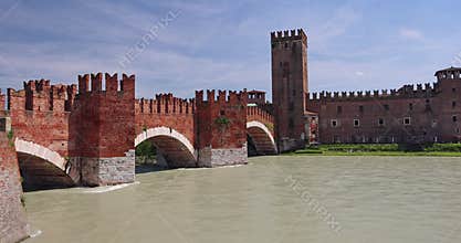Castelvecchio castle with Ponte di Castelvecchio bridge also know as Scaliger Bridge over Adige River in Verona town, Italy, Eu