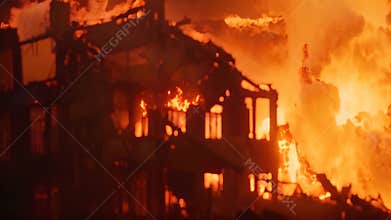 The skeletal remains of a building are consumed by flames, creating an eerie silhouette against an orange inferno, An eerie
