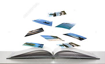 Photobook with Photos of Beach Scenes Floating