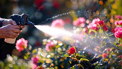 Treatment of roses from pests and diseases in the summer garden close-up