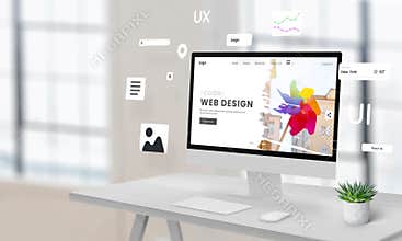 Computer display on a work desk featuring a web design studio page with floating website creation modules