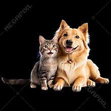 Happy Dog and Cat Together Isolated on Transparent Background Showing Friendship