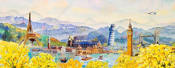 Travel fall festival Famous landmarks in the world of Europe, Italy, London, France