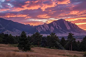 Breathtaking sunset over mountainous landscape with orange and pink hues. Mountains with green and brown mix rise in background.