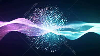 Vibrant energy waves create a futuristic design with glowing light particles, blending shades of blue and purple for a