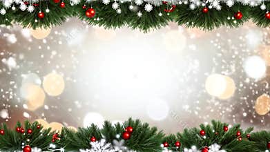 Christmas card background with fir tree branches, red baubles, falling snowflakes and blurred lights creating a festive