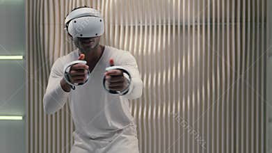 3d world African American man male guy play VR helmet virtual augmented reality futuristic online Internet technology