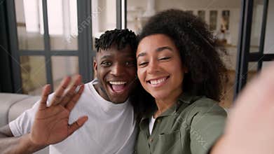 POV webcam view mobile phone happy African American couple influencers family girl guy woman man waving hands hello