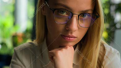 Portrait Caucasian seductive girl face smart woman in eyeglasses glasses reflection female business owner pensive