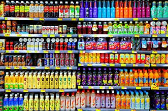 Coffee and fruit juices at supermarket