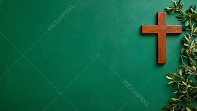 A wooden cross on a green wall with leaves