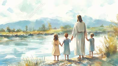 An illustration of Jesus Christ in watercolor art beautifully conveys themes of love and faith, reflecting Christian values and