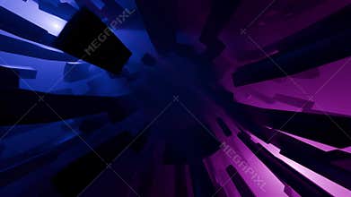 Cinematic science fiction background with 3D shapes moving in a mist with pink and blue lights
