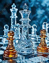 Crystal chess pieces on a reflective chessboard in a blue-toned setting