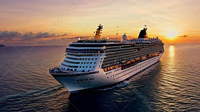 Large cruise ship in the open sea at sunset.