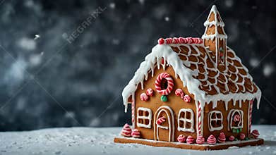Gingerbread house standing on snow with falling snow