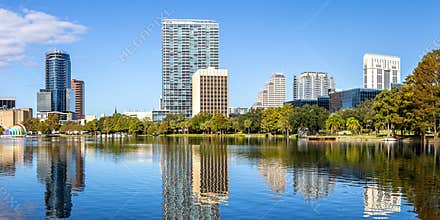 Orlando skyline at Lake Eola Park downtown in fall season panorama in Florida in the United States