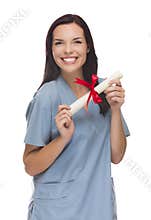 Smiling Mixed Race Female Nurse or Doctor With Diploma Wearing Scrubs