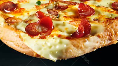 Fresh hot pizza on a dark background.