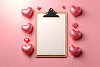 a clipboard with a blank sheet of paper clipped to it, placed on a pink background. Surrounding by heart-shaped balloons