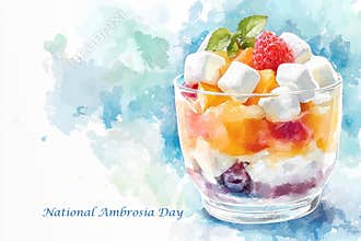Watercolor illustration of a glass filled with colorful ambrosia salad, featuring fruit, marshmallows, and mint leaves