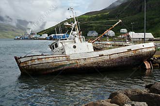 Shipwrecked Fishing Boat on the Shore of Seydisfjordur, Iceland
