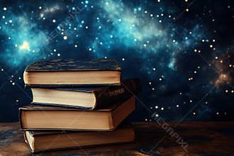 Stacked vintage books with a starry night sky background creating a serene atmosphere