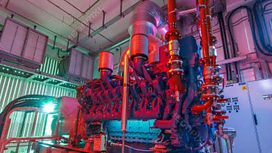 Diesel electric generator in power supply room of data center timelapse hyperlapse