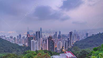 The famous view of Hong Kong from Victoria Peak night to day timelapse.