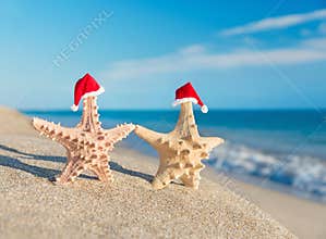 Sea-stars couple in santa hats walking at beach. Holiday concept