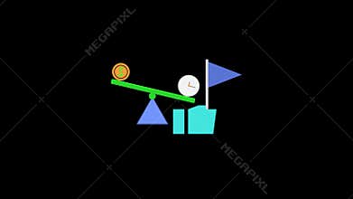 Money, time, and a flag teeter on a seesaw, depicting the delicate balance of financial decisions and priorities